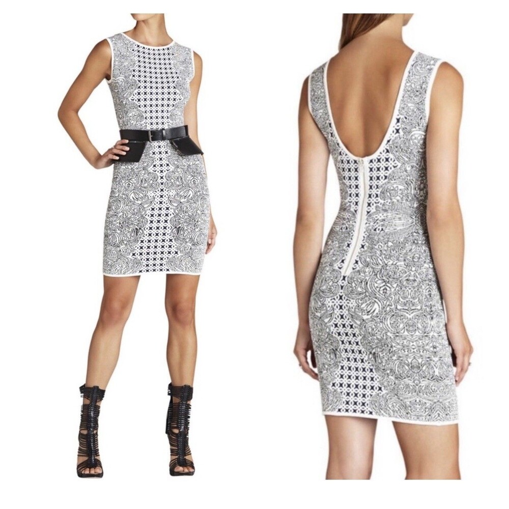 BCBGMAXAZRIA Jazmyne Tribal Jacquard White Black Dress Sz M Bodycon Style
